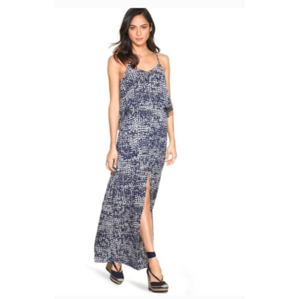 Womens Flounce Top  Maxi Dress Slit Front Lightweight Flowy Size 2 Blue & White